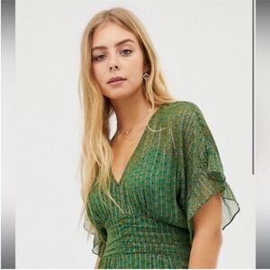 Green Sheer Patterned V-Neck Flutter Sleeve Dress